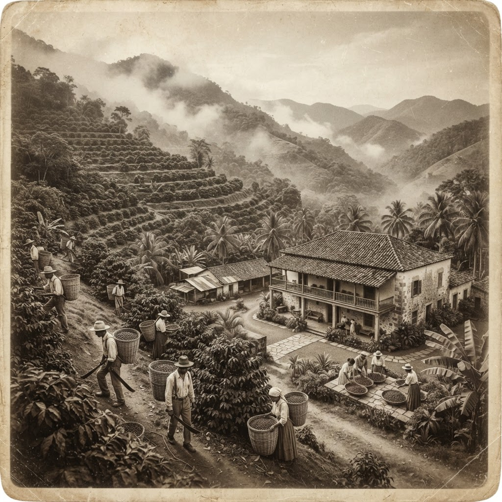 A vintage sepia depiction of a historic Puerto Rican mountain coffee hacienda