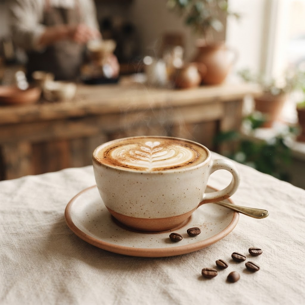 Una taza de vidrio con café puertorriqueño recién preparado bajo una luz cálida