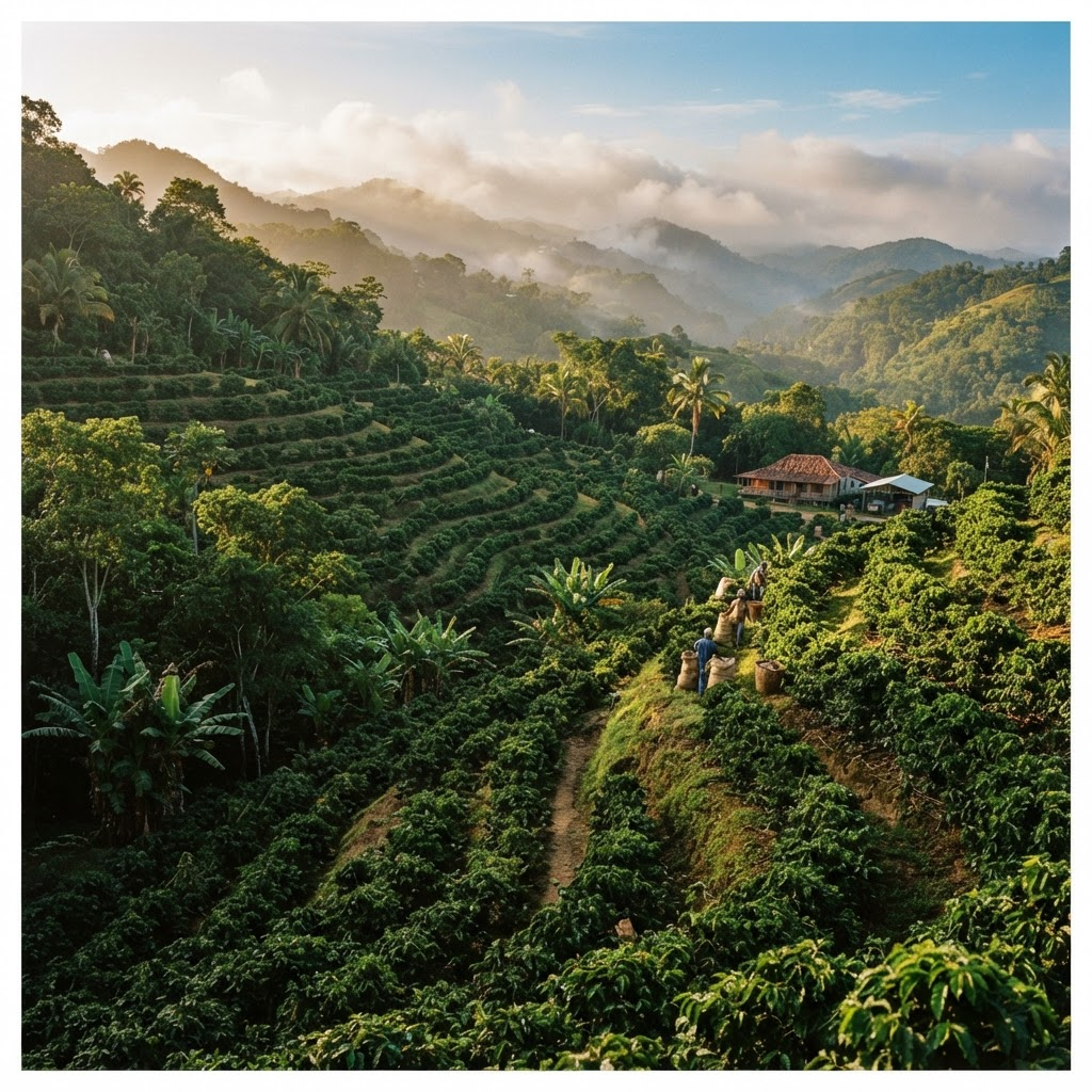 Fincas de café en terrazas sobre las montañas neblinosas del centro de Puerto Rico