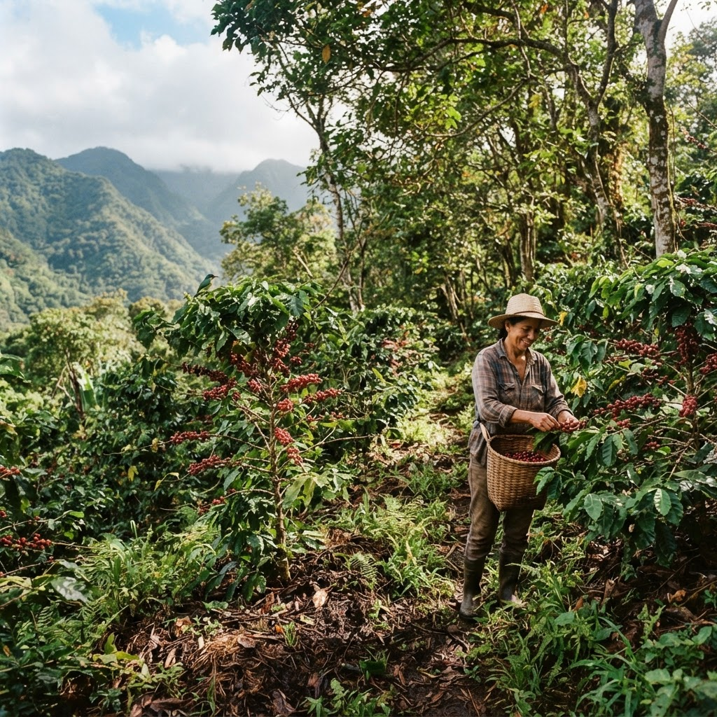 Una finca de café regenerativa cultivada a la sombra en una ladera montañosa de Puerto Rico