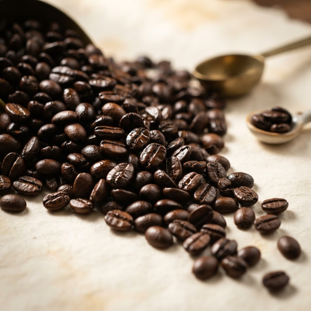 Roasted coffee beans representing Café Quinto Cielo